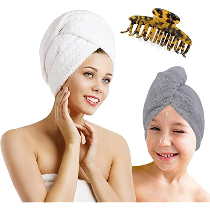 Microfiber Hair Towel, Turbans for Wet Hair, Magic Instant Dry Towel Curly Anti Frizz Wrap Women, Super Absorbent Long Thick 2 Pack, White+gray - Image 1